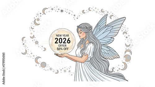 Celestial Guardian's Offer: A celestial being, cradles a glowing orb advertising a New Year 2026 offer with a 50% discount, set against a backdrop of lunar phases and stars.