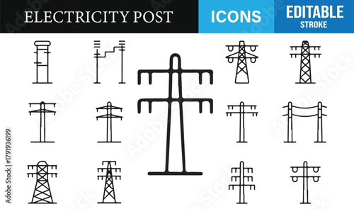 Minimal line art electricity post icons featuring power poles, pylons, and transmission towers