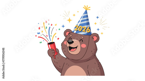 Festive Bear: A cheerful illustration of a bear celebrating a special event, showcasing the year and the festive mood.