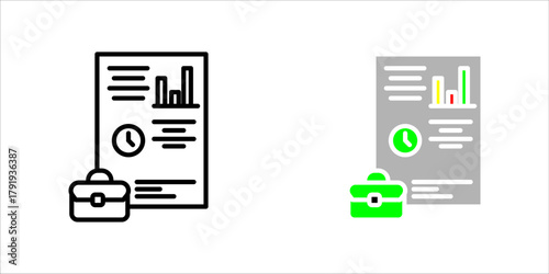 Business Report and Briefcase Line Art Icon set A minimalist black outline vector icon representing business analysis, financial reporting, time management, or professional documentation.