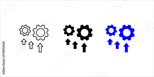 Process Optimization and Growth Gears Icon set. A solid black silhouette vector icon representing process improvement, performance optimization, efficiency, and continuous growth. 