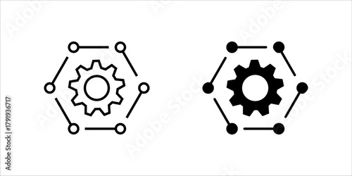Network Configuration and Integration Gear Icon set. A minimalist black outline vector icon representing system configuration, decentralized network, integration, or settings management.