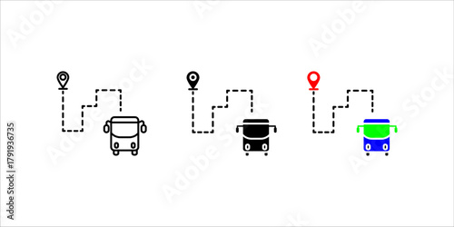 Public Transit Bus Route and Map Pin Icon set. A solid black silhouette vector icon representing a bus route, public transportation system, travel itinerary, or navigation. 