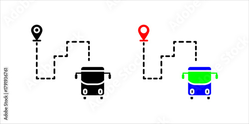 Public Transit Bus Route and Map Pin Icon set. A solid black silhouette vector icon representing a bus route, public transportation system, travel itinerary, or navigation. 