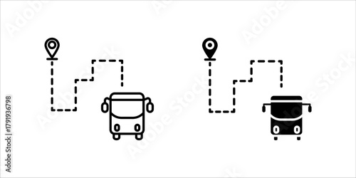 Public Transit Bus Route and Map Pin Icon set. A solid black silhouette vector icon representing a bus route, public transportation system, travel itinerary, or navigation. 