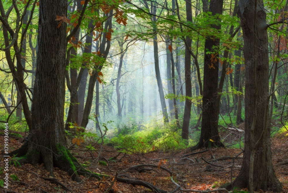 Naklejka premium Lush forest landscape with tall trees, rich greenery, and gentle sunlight. Peaceful woodland scene representing nature’s calm, freshness, and the vibrant beauty of the great outdoors.