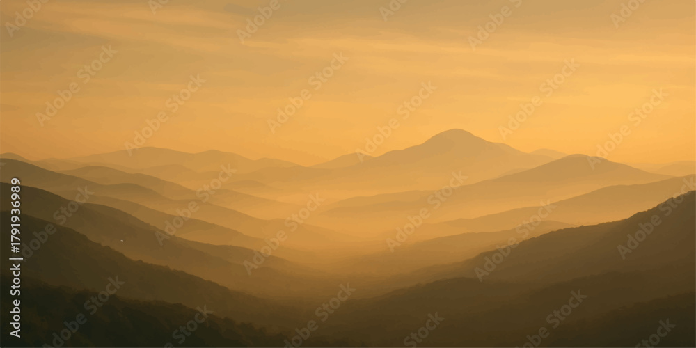 Obraz premium Sunrise and sunset panorama views of the mountain landscape with vibrant orange sky, fog, and silhouette hills