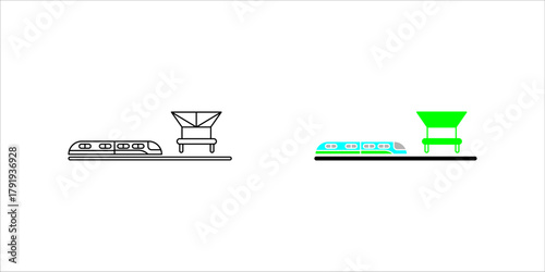 Train Station and Modern Rail Transport Icon set.A solid black silhouette vector icon representing a train station, railway platform, subway stop, or public transport hub. The design features