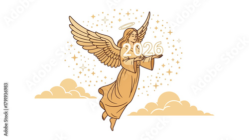 Angel of 2026: An elegant angel, adorned with celestial wings, hovers gently amidst ethereal clouds, presenting the year 2026 with grace and promise.
