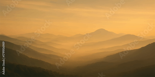 Sunrise and sunset panorama views of the mountain landscape with vibrant orange sky, fog, and silhouette hills