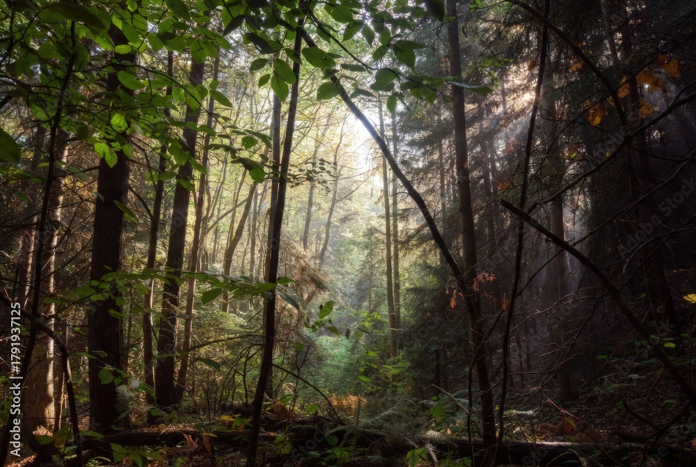 Naklejka premium Beautiful green forest filled with tall trees and soft sunlight. Serene nature landscape symbolizing peace, freshness, and the pure beauty of wilderness and natural environments.