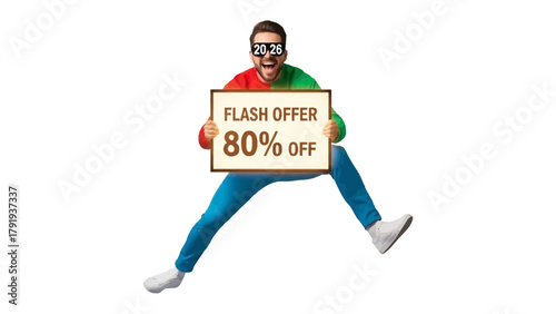 Flash Offer Announcement: Enthusiastic individual jumps with glee, showcasing a sign highlighting a tempting 80% OFF flash offer. A vivid, exciting snapshot of savings and excitement!