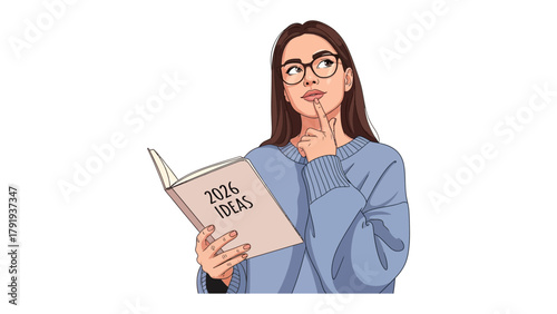 Visionary Contemplation: An illustrated woman, wearing eyeglasses, is engrossed in her thoughts while studying the ideas of the year 2026.