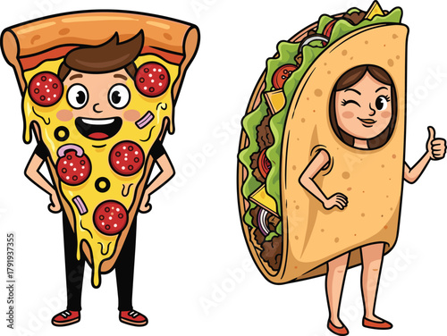 Funny cartoon characters dressed as pizza slice and taco, food costume illustration, fast food cosplay, humor and creativity concept