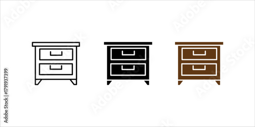 A minimalist black outline vector icon representing a nightstand, bedside table, or small storage drawer cabinet. The design features a square cabinet with two drawers and handles, standing on small l