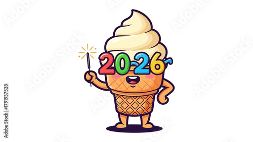 New Year's Eve Ice Cream: A cheerful ice cream cone, adorned with 2026 glasses and holding a sparkler, radiates festive energy and anticipation for the new year.