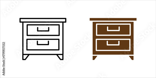 A minimalist black outline vector icon representing a nightstand, bedside table, or small storage drawer cabinet. The design features a square cabinet with two drawers and handles, standing on small l