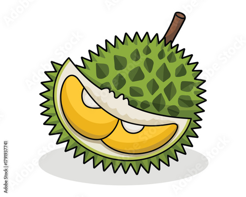 Illustration of a durian fruit with a slice showing yellow flesh