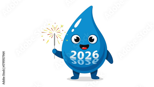 Water Drop Mascot with Fireworks: A cheerful water drop mascot, representing the year 2026, holds a sparkling firework, symbolizing celebration and environmental awareness.