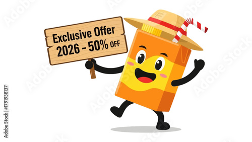 Juice Box Cartoon With Exclusive Offer: This friendly juice box character, sporting a stylish hat, exuberantly holds a sign advertising an irresistible, exclusive offer.