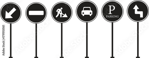 Traffic Road Sign Icon set. Collection of warning, mandatory, prohibition and information traffic signs. European traffic signs collection. Vector illustration. Driving direction mark, location point.