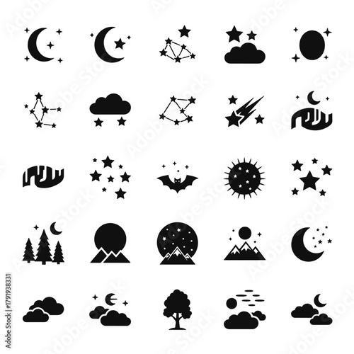 Night Sky Icon Set  Moon, Stars, Constellations, and Sky Elements.Black silhouette icon set representing the night sky, moon, stars, constellations, clouds, mountains, and celestial e
