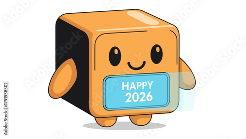 Happy 2026 Icon: An eye-catching illustration of a smiling cube-shaped icon with the message HAPPY 2026, exuding a sense of cheerfulness and anticipation for the new year.