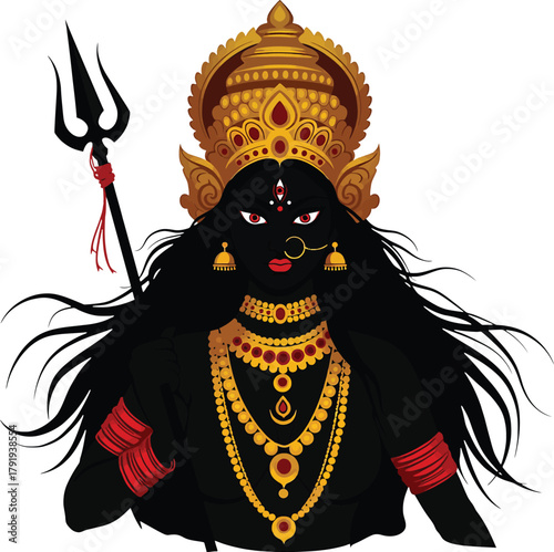 Kali goddess illustration with trident crown and jewelry on white background Hindu deity