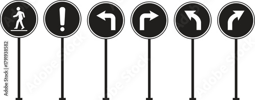 Traffic Road Sign Icon set. Collection of warning, mandatory, prohibition and information traffic signs. European traffic signs collection. Vector illustration. Driving direction mark, location point.