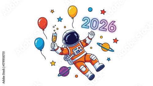 New Year Celebration in Space: An astronaut merrily floats amidst celestial bodies while toasting the new year, embracing the boundless wonder and infinite possibilities that the future holds.