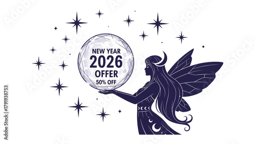 Celestial New Year Offer: A stylized image presents a mystical celestial figure gracefully offering a sphere with New Year 2026 Offer 50% Off, surrounded by sparkling stars.