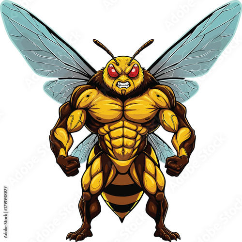 Muscular Angry Bee Character with Large Wings on White Background insect wasp
