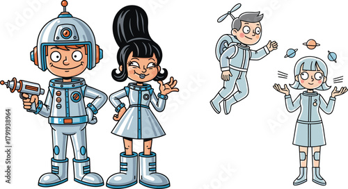Retro futuristic cartoon astronauts, cute kids in space suits with ray gun, jetpack and planets, sci fi adventure illustration concept