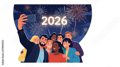 A selfie moment in 2026: A group of friends gathering and posing for selfie during the new year celebration, captured with a view of beautiful fireworks in the dark sky.