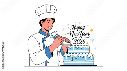 New Year's Cake Preparation: A cheerful baker meticulously crafts a multi-layered cake with frosting for the New Year's celebration, embodying the spirit of festivity and culinary skill. 