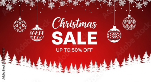 Christmas sale banner, Christmas offer Template with Discount Tag upto 50% off banner, Vector illustration design . Christmas and New Year's sale. Christmas ball discount and promotions 50% off banner