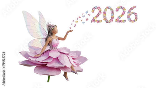 Magical 2026: A whimsical fairy, perched on a flower, sprinkles a flurry of colorful petals, conjuring the number 2026 in a dreamlike display. This image is perfect for representing growth.