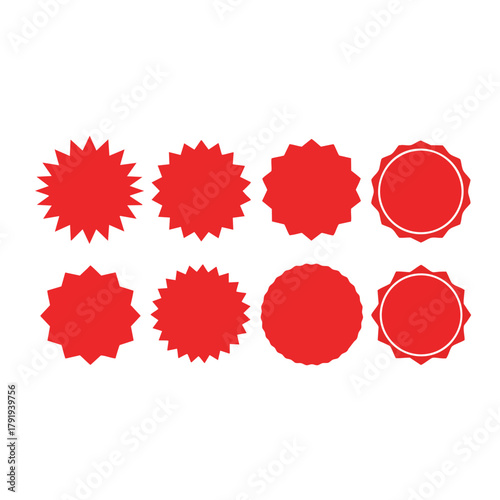 A set of eight vibrant red starburst and circular badge shapes with varied jagged edges.