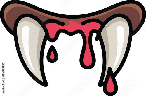 Sharp vampire fangs vector with dripping red blood for Halloween horror themes and costume parties