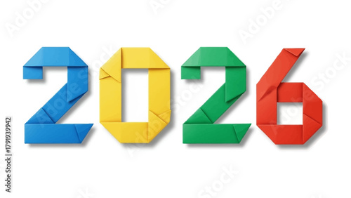 Vibrant Origami 2026: A colorful display of the upcoming year, 2026, artistically crafted from origami, each number in a unique hue. The design conveys the concept of future planning.