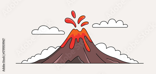 Cartoon volcano erupting with lava and clouds