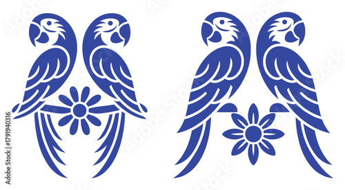 Two Blue Macaws and Flowers, Stylized Vector Art