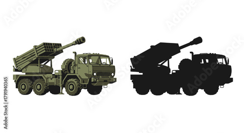Military vehicle with multiple rocket launcher system alongside its silhouette, Vector Illustration isolated on white background