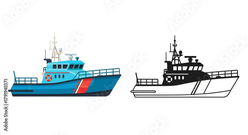 A colorful tugboat illustration beside its black and white silhouette version, Vector Illustration isolated on white background