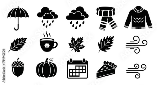 Autumn weather icons umbrella leaves pumpkin cozy sweater and fall elements