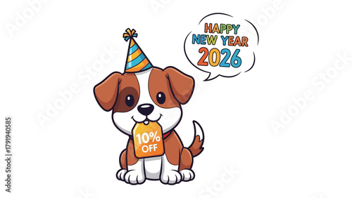 Happy New Year Pup with Discount: An adorable pup with a party hat and a 10% Off discount tag, wishes a happy new year, creating a delightful visual for promotional offers.