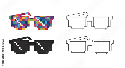 Colorful pixelated sunglasses with outline versions presented in a graphic design