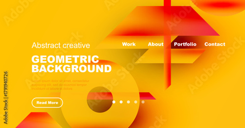 Bright abstract design. Geometric shapes, vibrant colors, website header mockup. Text includes portfolio, contact details, read more button.