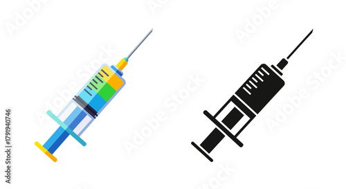 Two depictions of a medical syringe one colorful and one monochrome