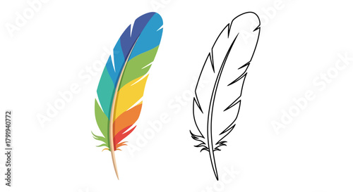 Colorful feather illustration beside a simple black and white feather design